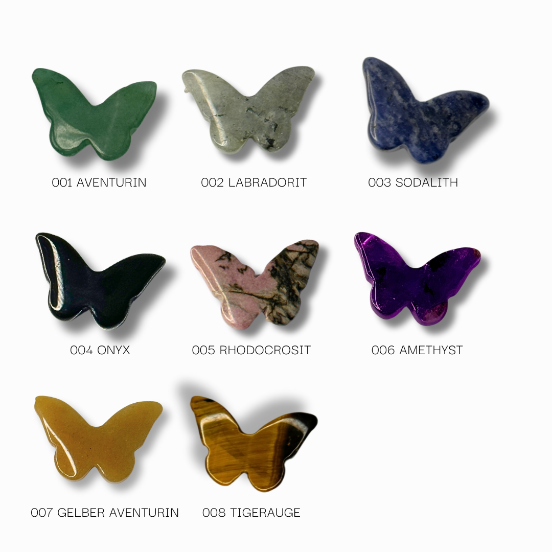 EEdelstein Schmetterlinge in Onyx, Tigerauge, Amethyst, Rhodochrosit, Aventurin, Labradorit, Sodalith und gelber Aventurin. Perfekt als Dekoration für Edelsteinbäume oder als Anhänger für Halsketten. Schnitzerreien.