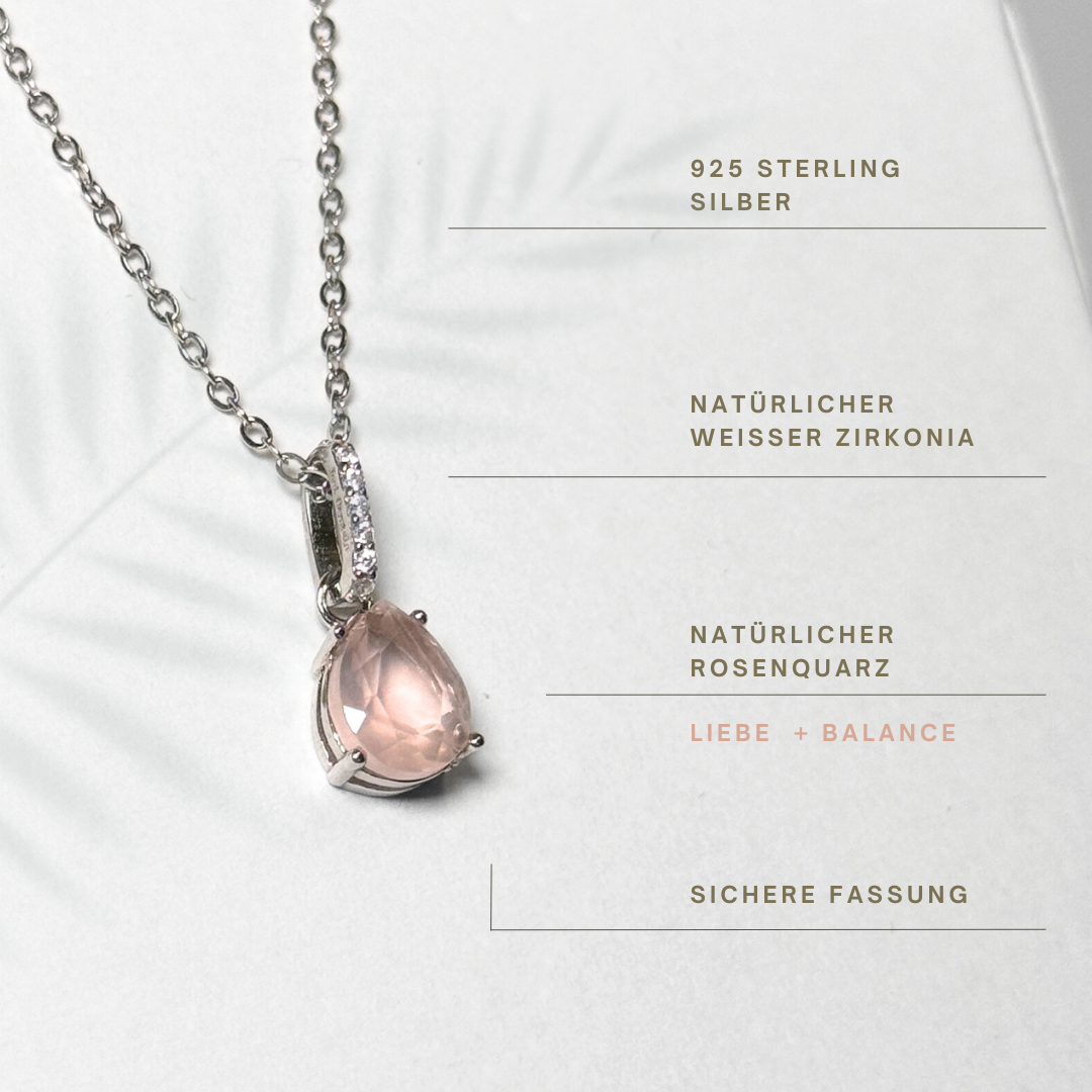 Silberkette mit Rosenquarz-Tropfenanhänger und Zirkonia