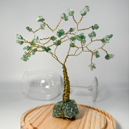 Handgefertigter Edelsteinbaum mit Aventurin-Krone und -Basis, ca. 10–15 cm hoch, wahlweise mit goldfarbenem, silbernem oder schwarzem Draht – dekorativer Glücksbringer für Wohlstand und Optimismus