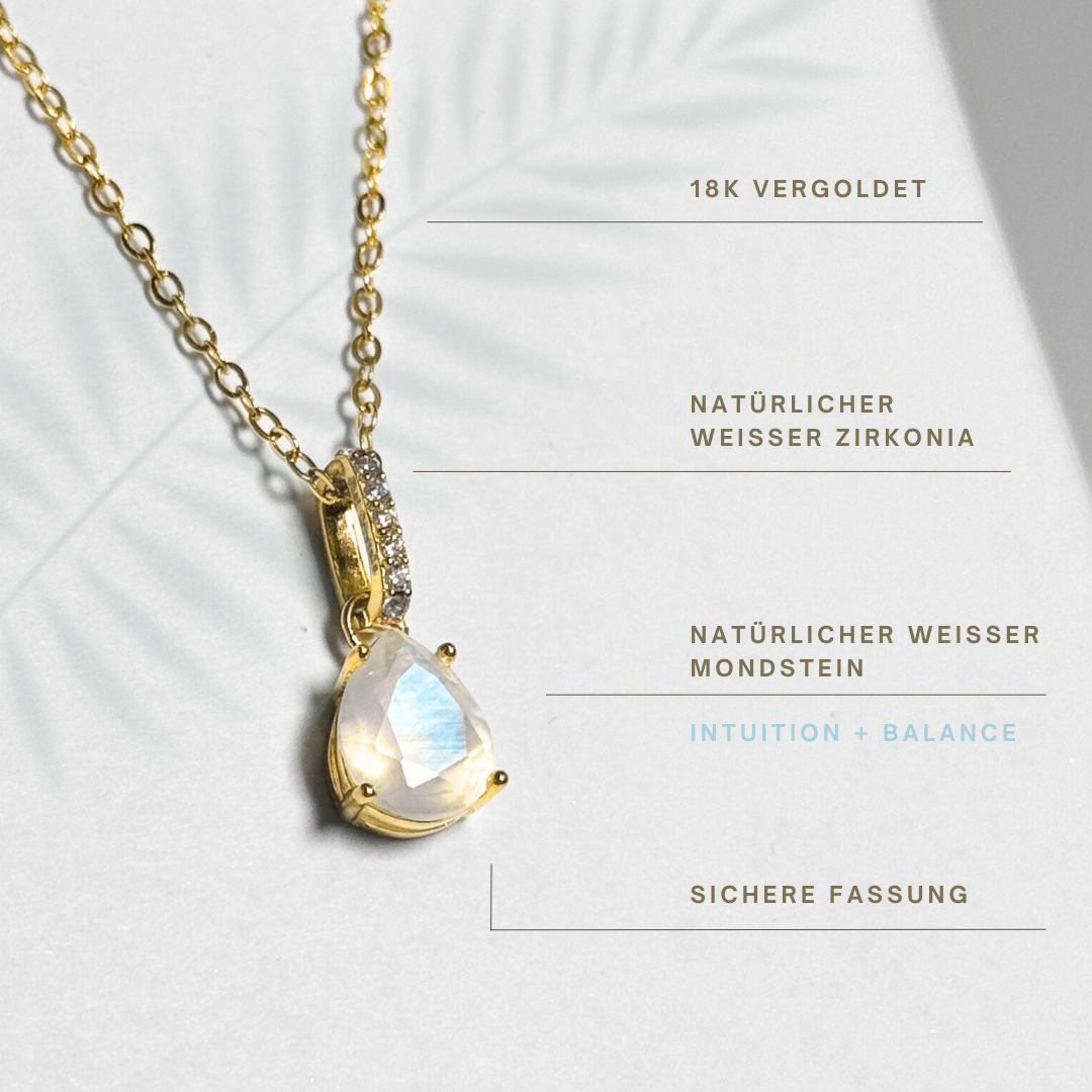 Goldkette mit tropfenförmigem Mondstein Anhänger gefasst in Zirkonia