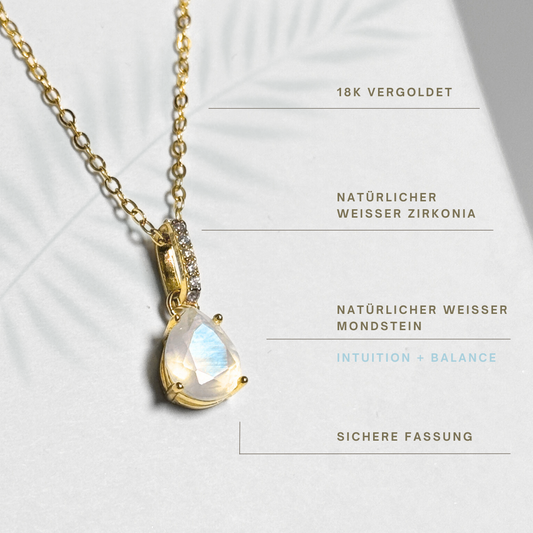 Goldkette mit tropfenförmigem Mondstein Anhänger gefasst in Zirkonia