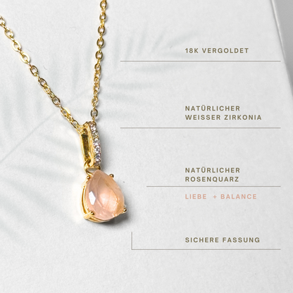 Vergoldete Kette mit Rosenquarz-Tropfenanhänger und Zirkonia