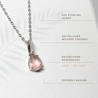 Silberkette mit Rosenquarz-Tropfenanhänger und Zirkonia
